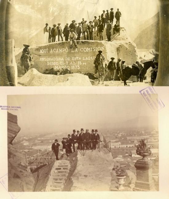 Retratos grupal incluido en Esploración de las Lagunas Negra i del Encañado. Publicación de 1874, ilustrada con fotografías sobre cartón pegadas a las páginas del libro.  