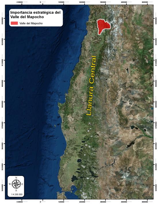 Figura N° 1: mapa indicando la localización estratégica del valle del Mapocho-Maipo con relación a la depresión intermedia o llano longitudinal de Chile.